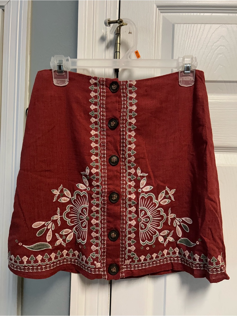 Blu Pepper Boho Embroidered Rust Button-Front A-Line Skirt Linen Blend